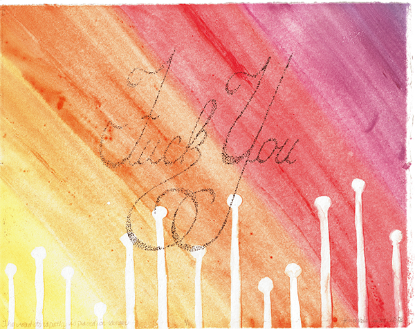 Black ink etching of words, fuck you with a rainbow watercolor background and white bars across the bottom.