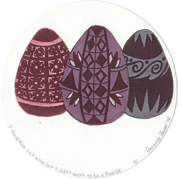 Purple ink etching and chine-colle paper of three decorative eggs on a white circle-shaped paper.