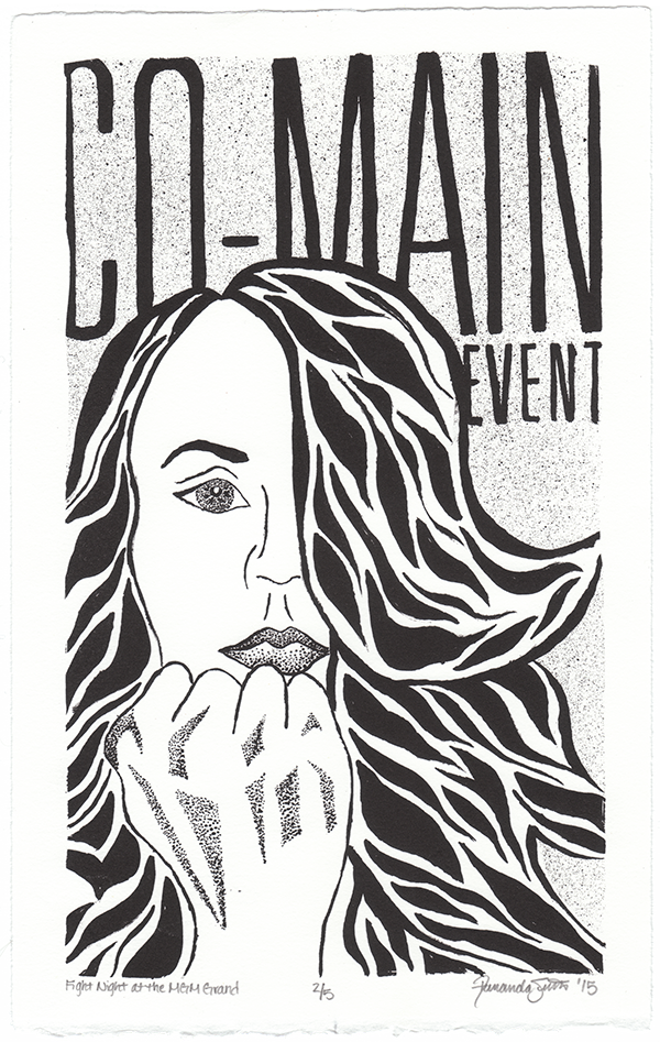 Black ink on white paper with words, co-main event, and drawing of female with long hair and right hand in fist at chin level.