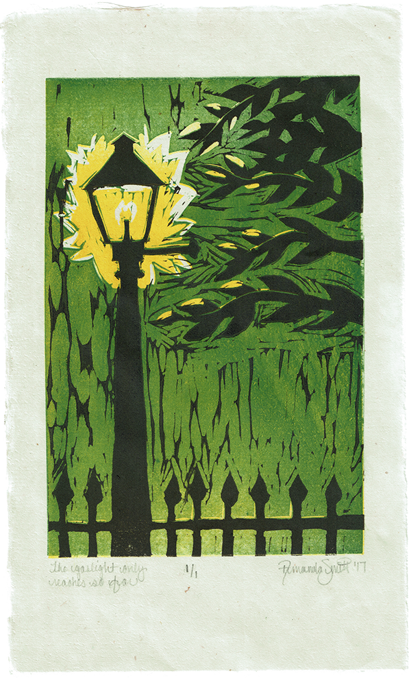 Printed carving of street lamp, iron fence, and tree branches in greens and yellows.