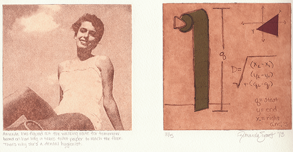 Diptych print. Left square is an etching in brown ink of a photographed woman in a white swimsuit. Right sqaure is an etching in brown ink of a written mathematical equation surrounding a toilet paper roll.