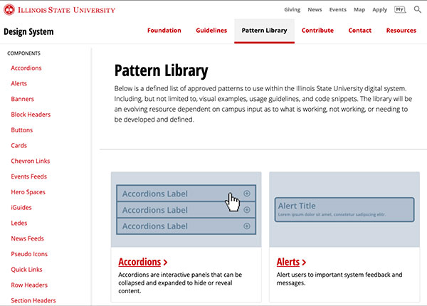 Screenshot of the pattern library page on the Illinois State Design System.