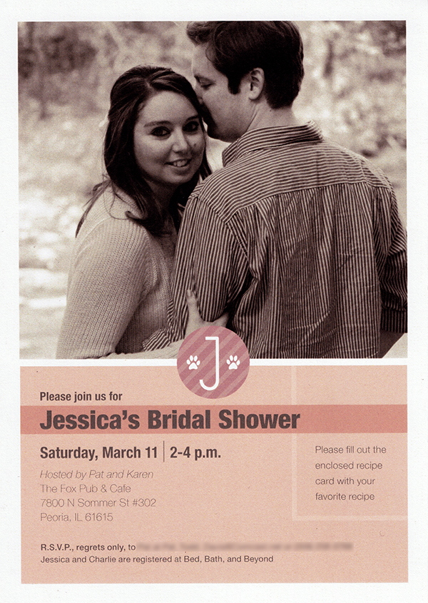 Invitation to a bridal shower with image of couple on top and gray text in pink box below.