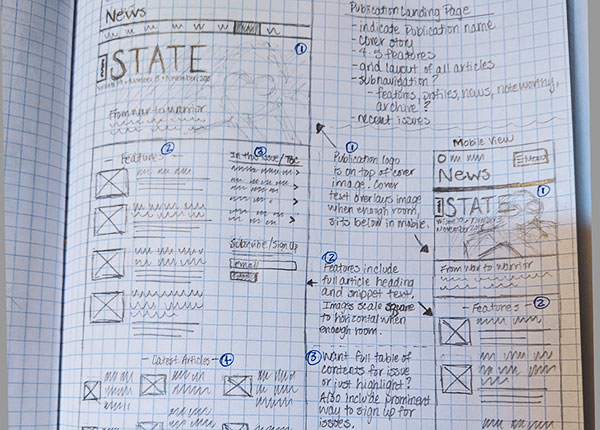 Website wireframe sketched on graphing paper with hand written notes.